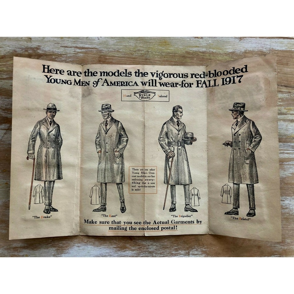 Vintage antique advertising brochure JJ Pries Young Mens Overcoats for Fall 1917
